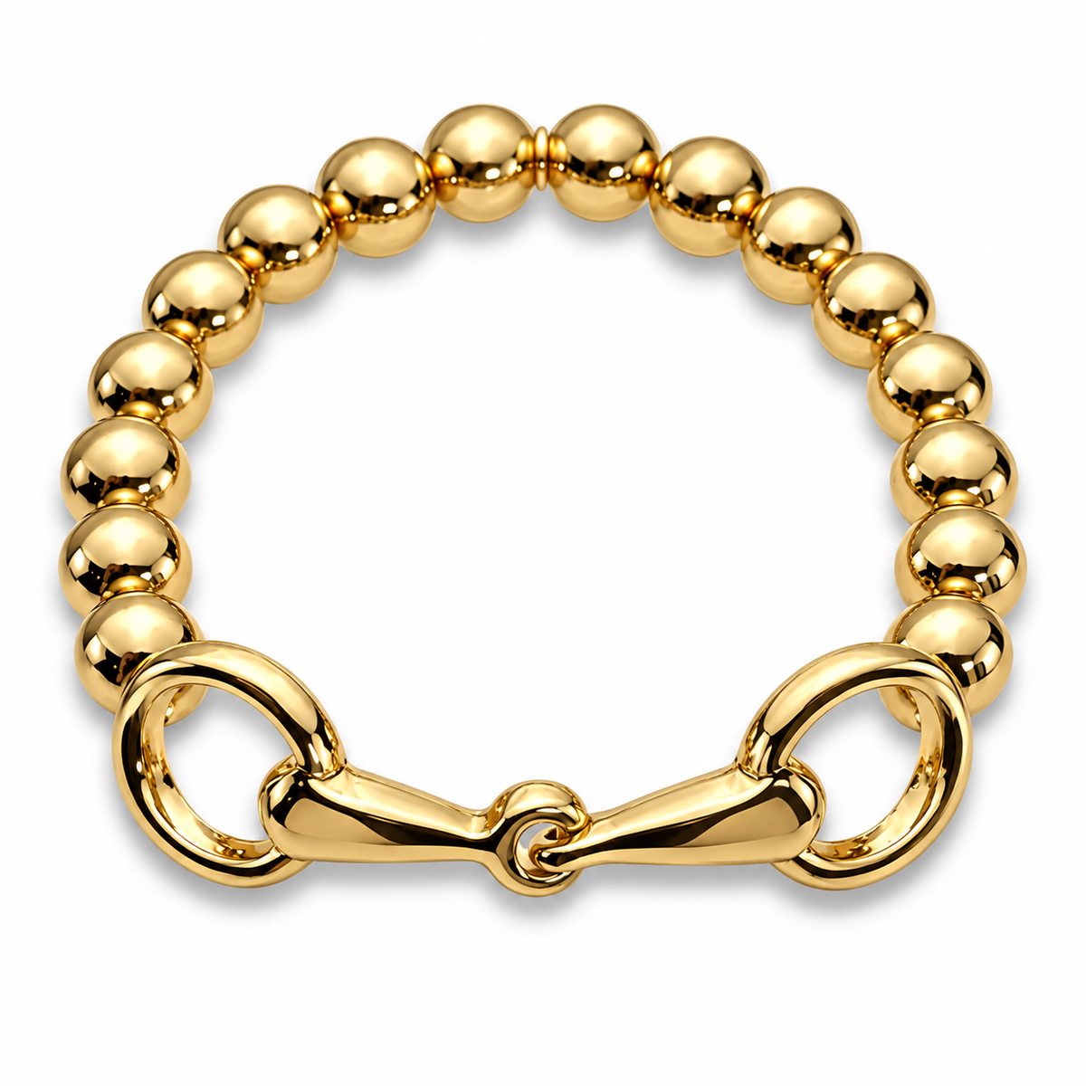Gold-tone equestrian stretch bracelet with polished round beads and snaffle bit centerpiece