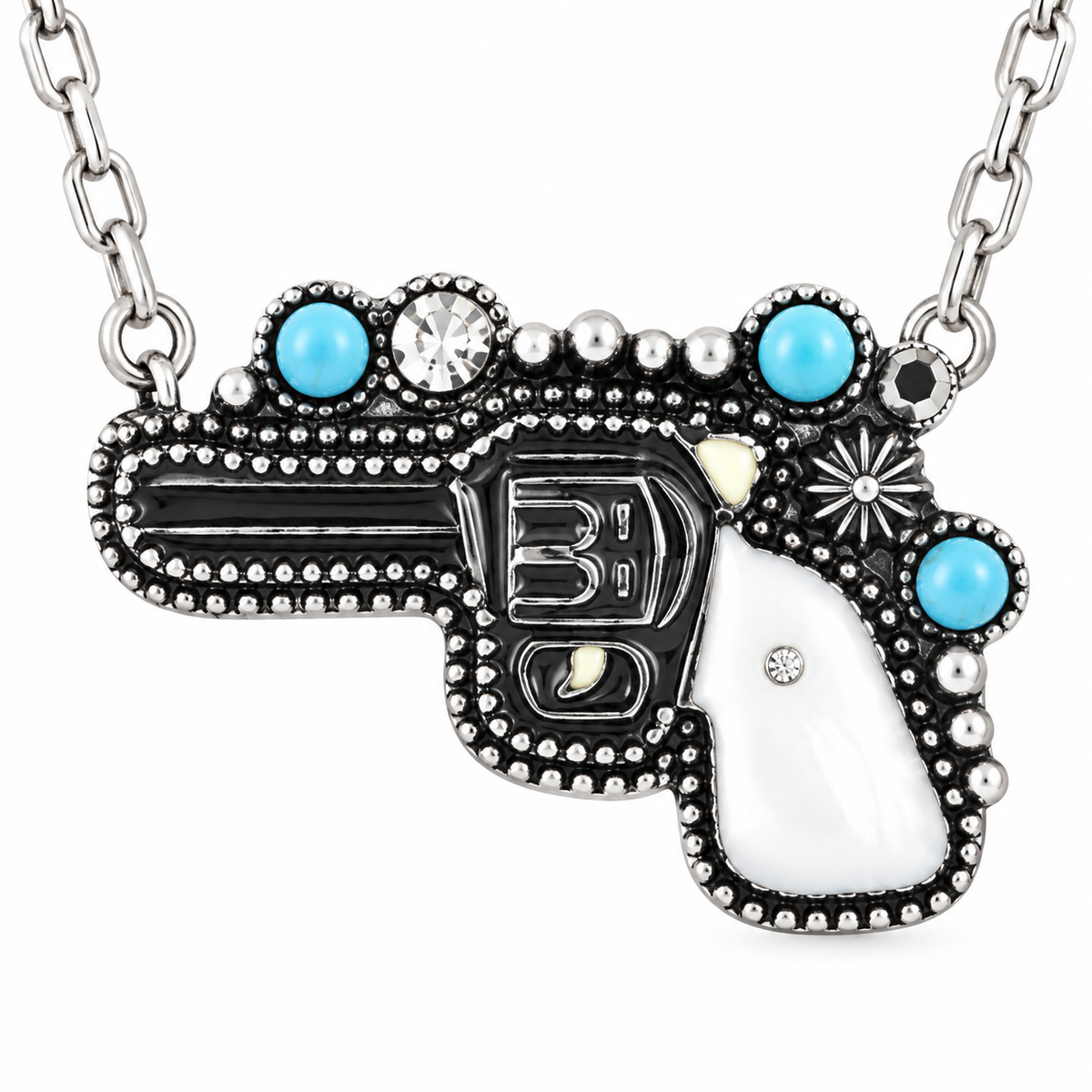 Western Pistol Pendant Necklace with Faux Turquoise Accents