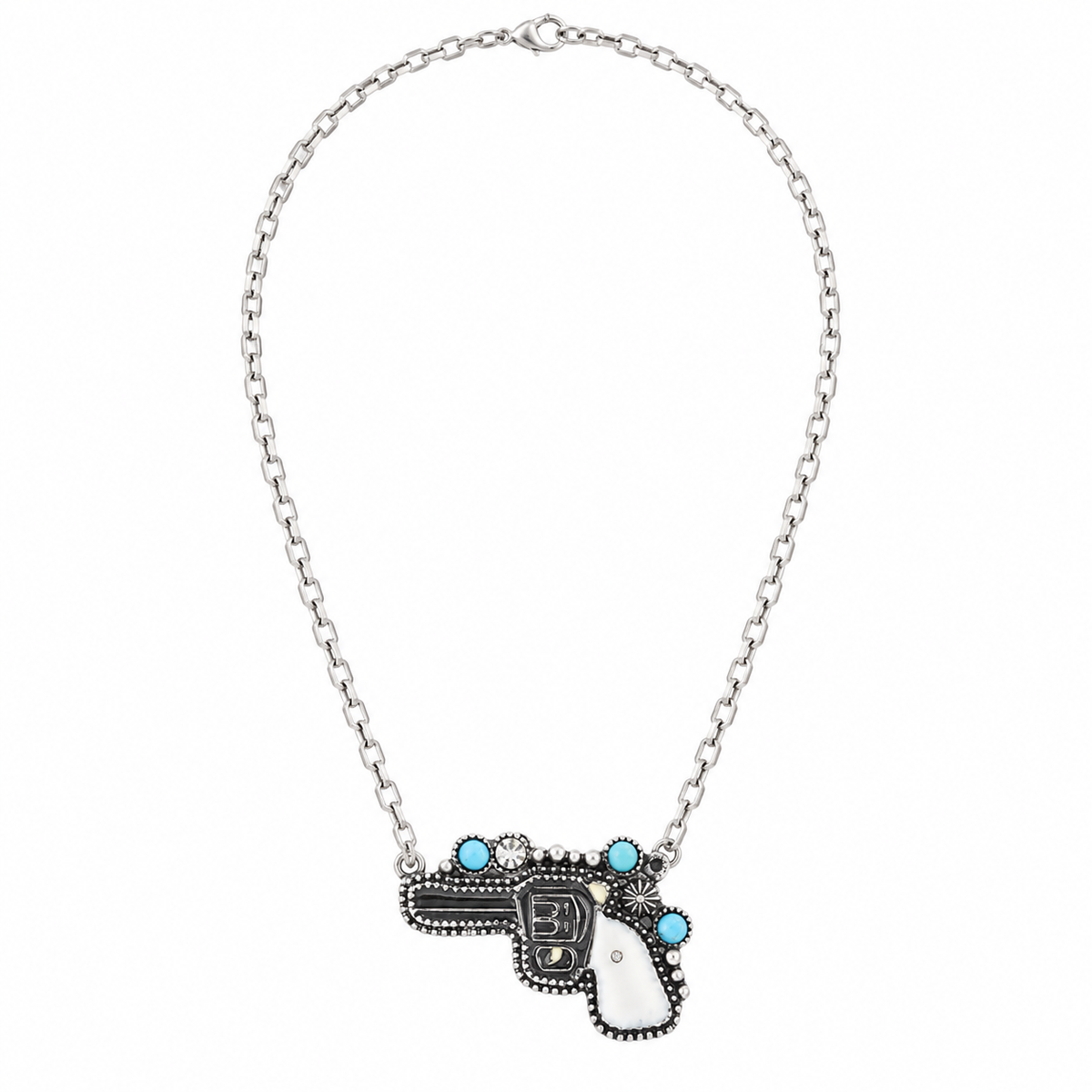 Western Pistol Pendant Necklace with Faux Turquoise Accents