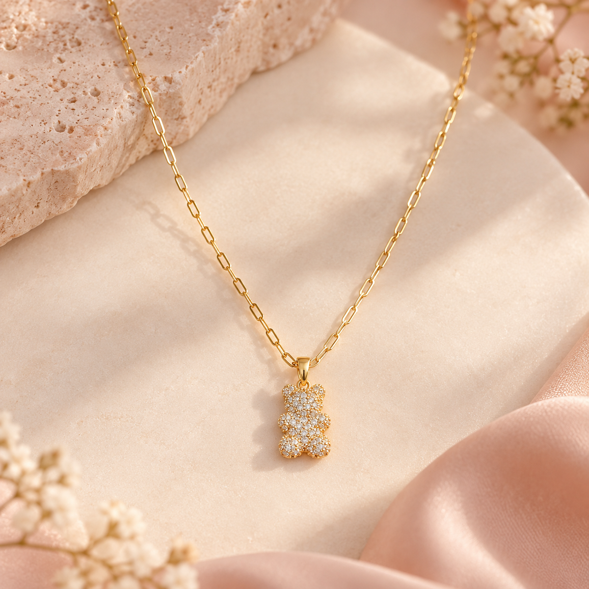 Bling Bear Gold Pavé Teddy Bear Pendant Necklace