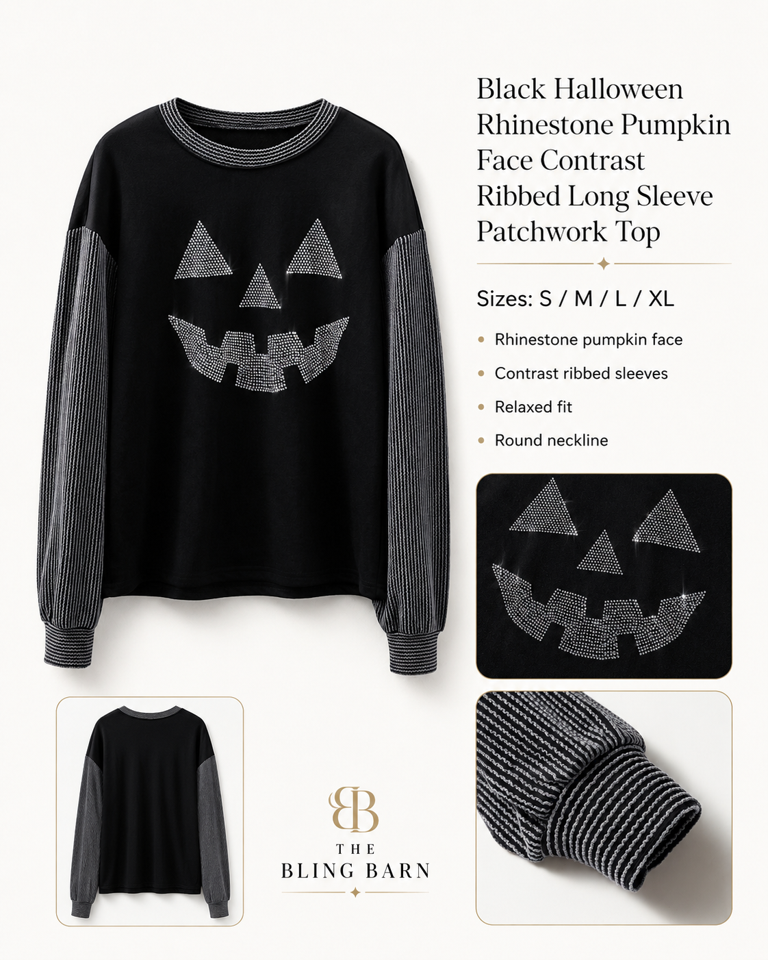 Midnight Jack Rhinestone Top product graphic showing sizes S through XL, rhinestone pumpkin face, contrast ribbed sleeves, relaxed fit, and round neckline.