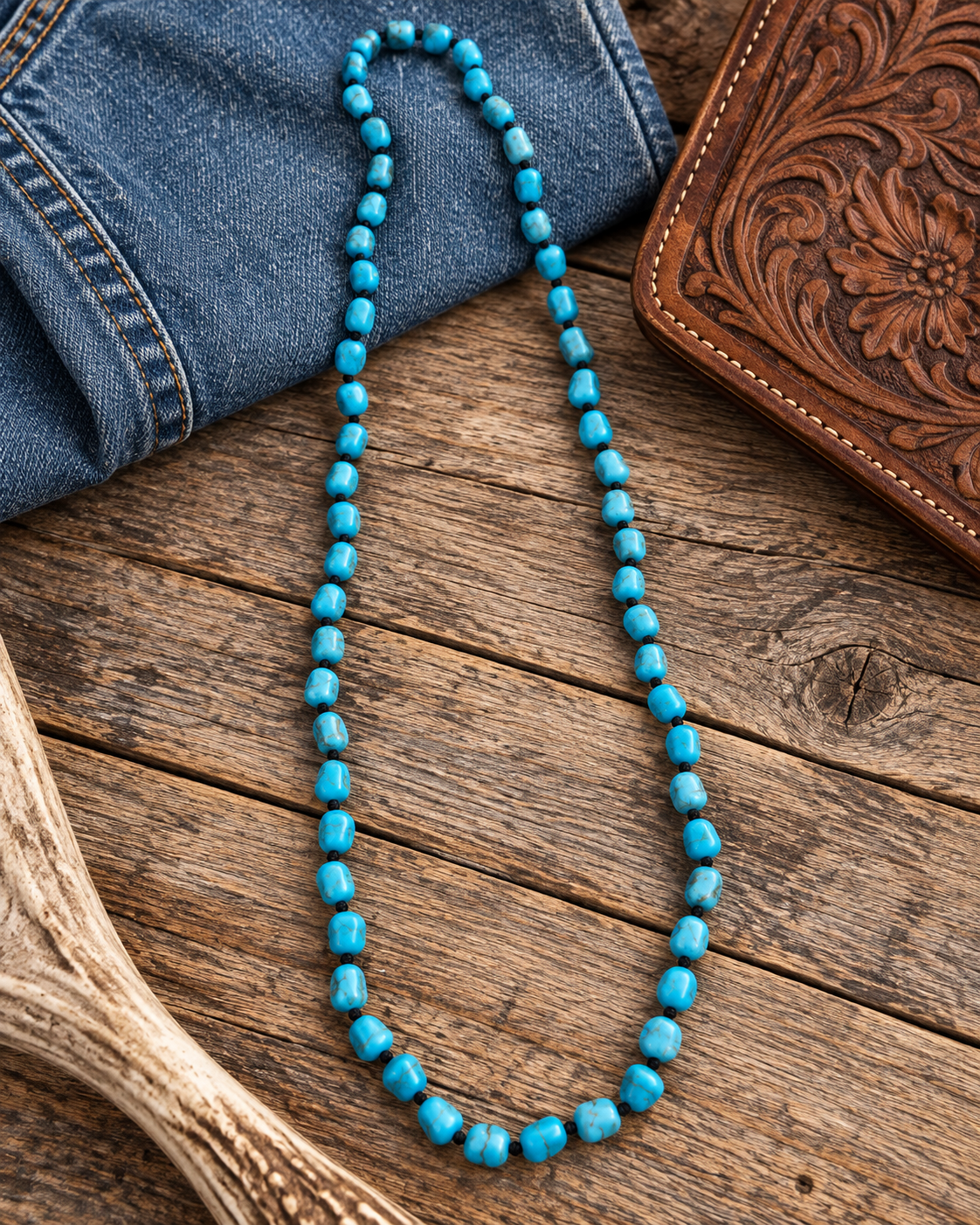 A turquoise blue beaded necklace arranged on a rustic wooden surface, styled with blue denim and a brown tooled leather wallet.
