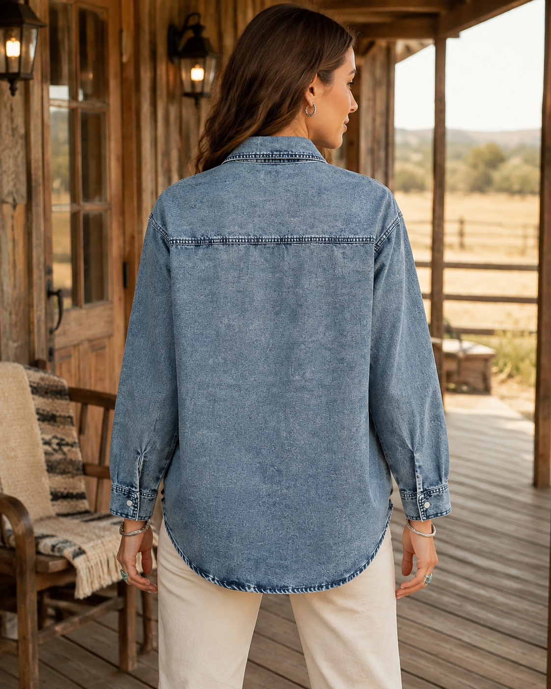 Back view of Dusk Blue Western Tunic Denim Jacket showing the relaxed fit, back yoke seam and curved tunic-length hem.
