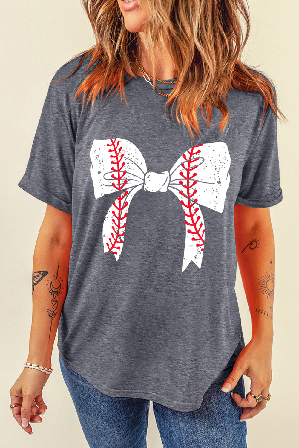 Gray Baseball Bowknot Graphic Tee – Women’s Casual Crew Neck T-Shirt