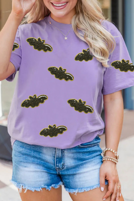 Wisteria Sequin Halloween Bat T-Shirt – Women’s Casual Crew Neck Tee