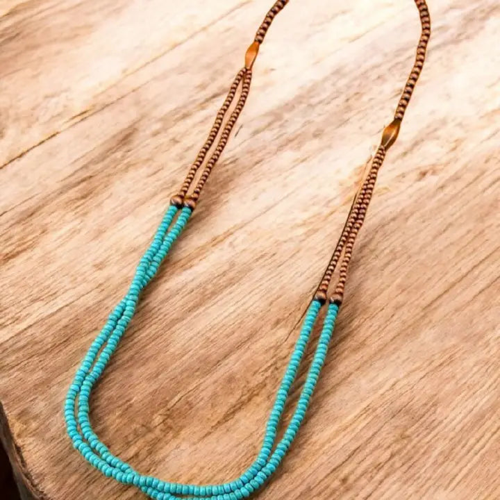 A Western Dance Antiqued Copper Cowgirl Blue Beaded Necklace