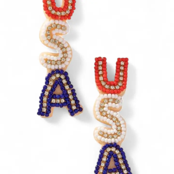Patriotic For The USA Seed Beed Drop Earrings