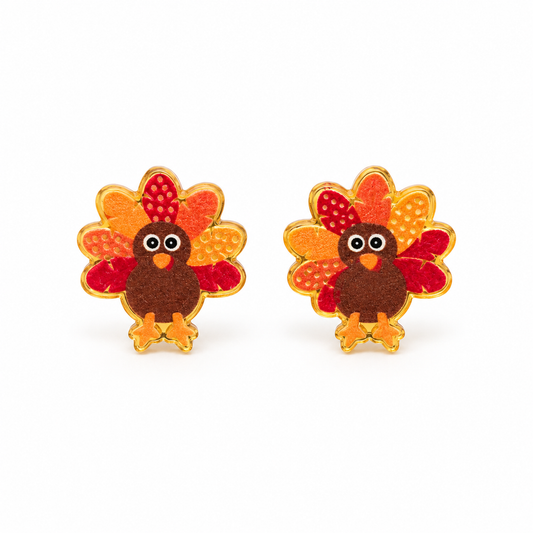 Little turkey acrylic Thanksgiving stud earrings on clean white background