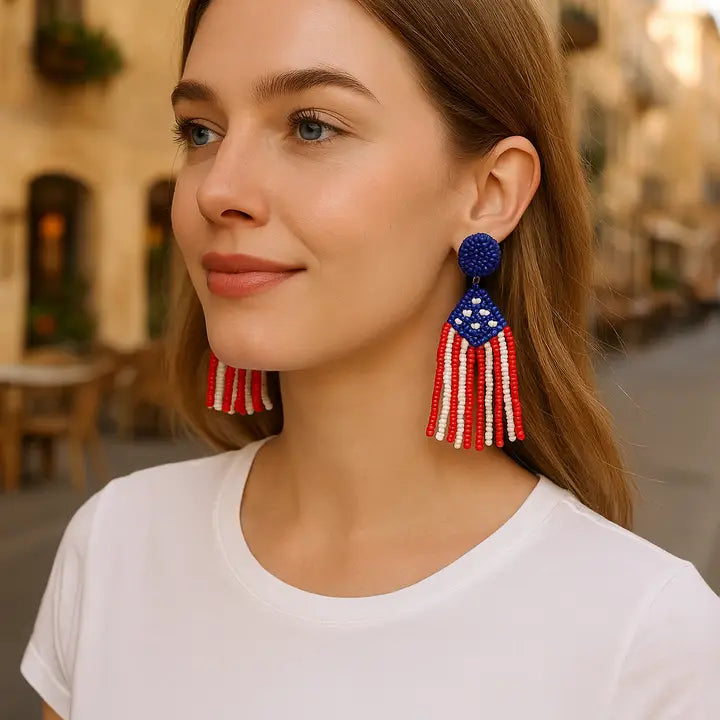 Patriotic For The USA Seed Beed Drop Earrings