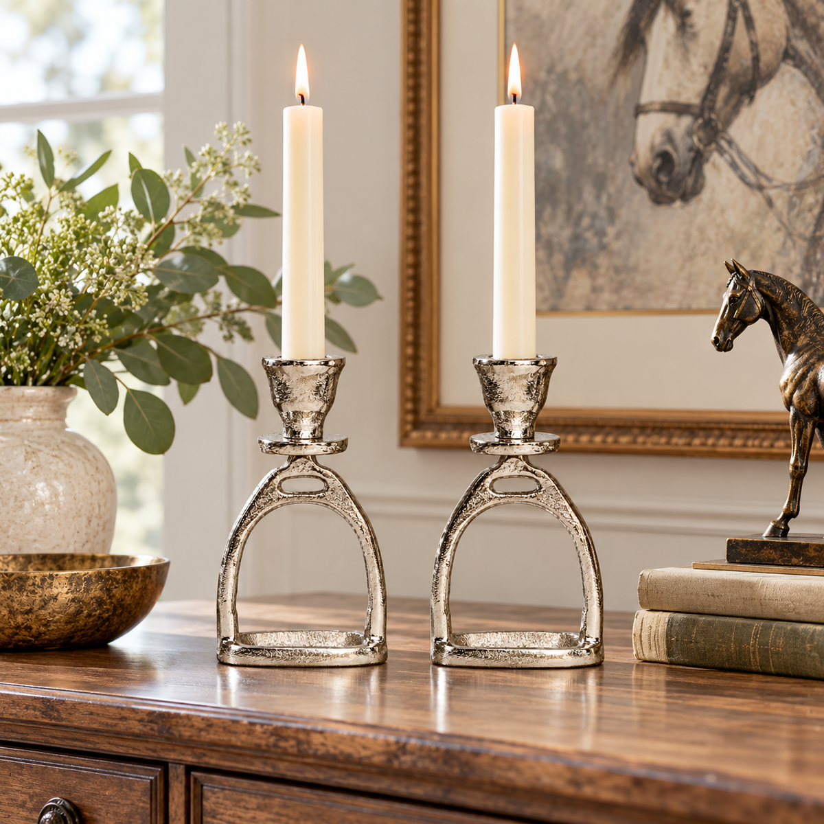 Huntley Equestrian Silver Stirrup Candlestick Holders – Set of 2