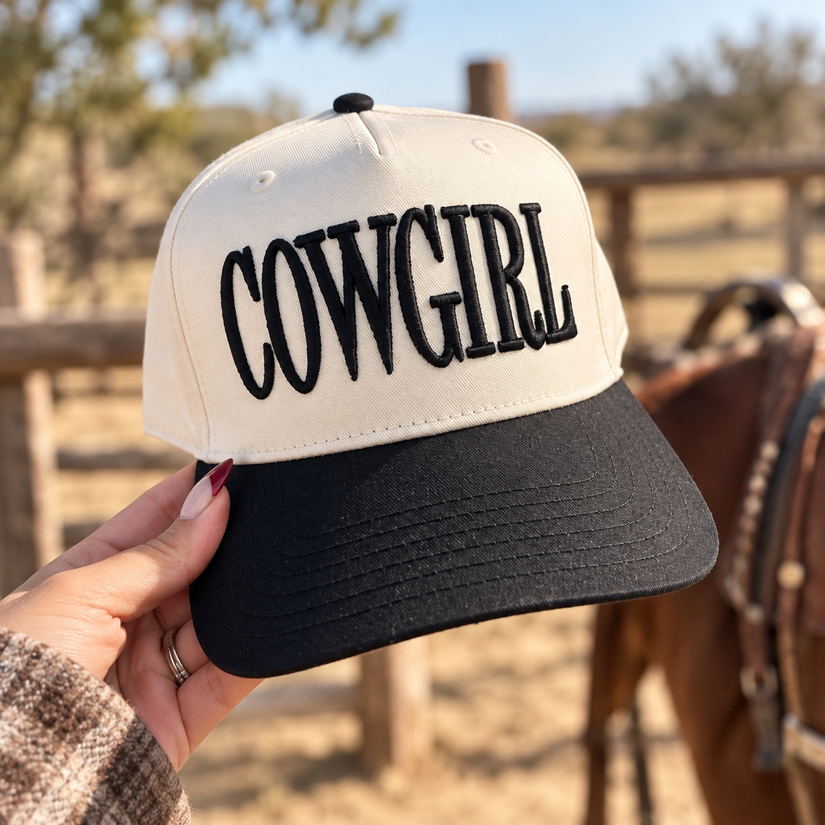 Cowgirl Embroidered Trucker Hat – Black & Neutral
