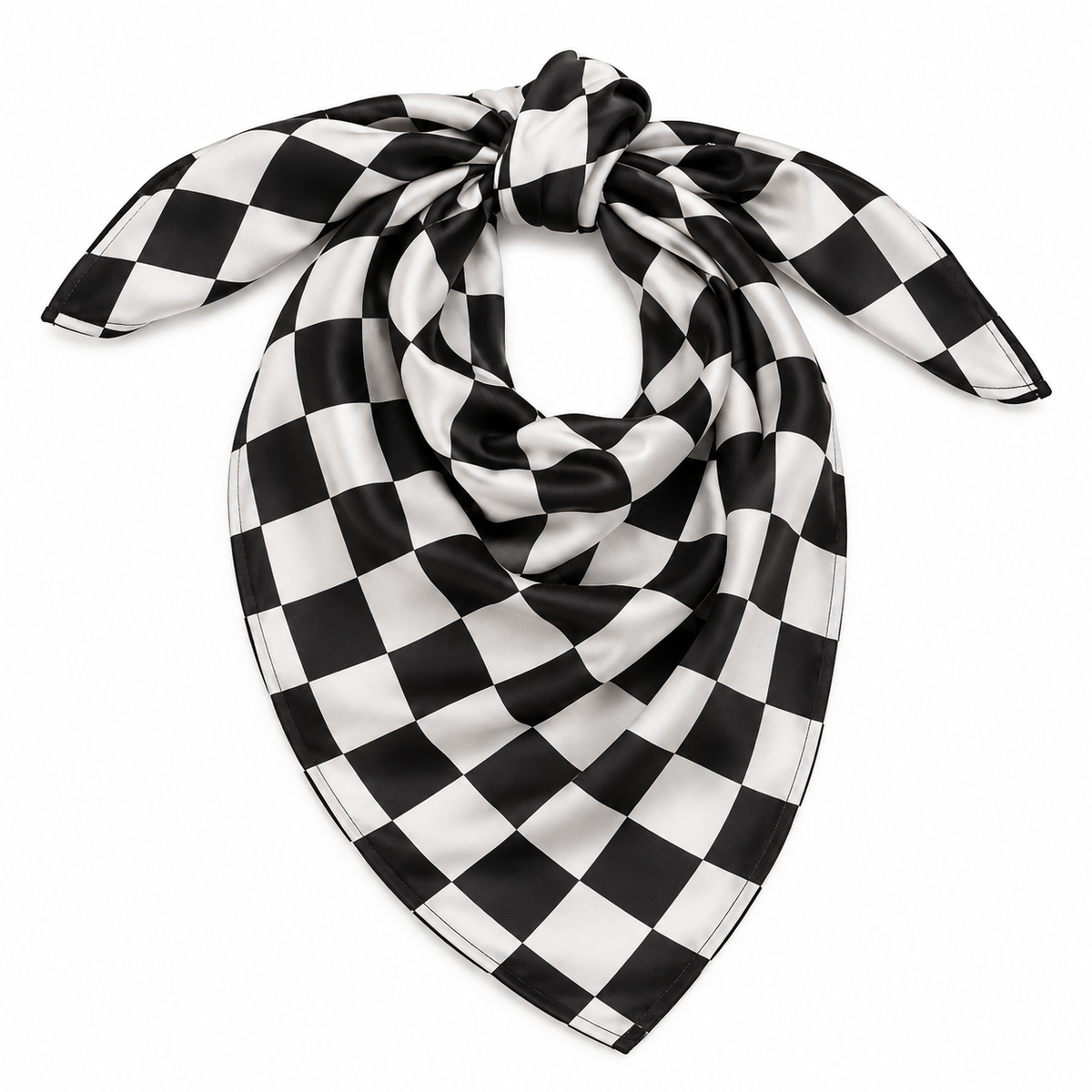 Black and white checkerboard western wild rag scarf on a clean white background