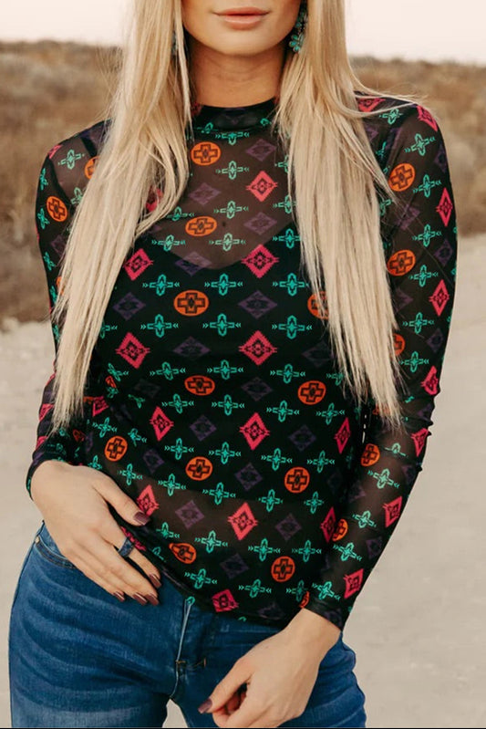 Midnight Mesa Aztec Mesh Top | Western Slim Fit Long Sleeve