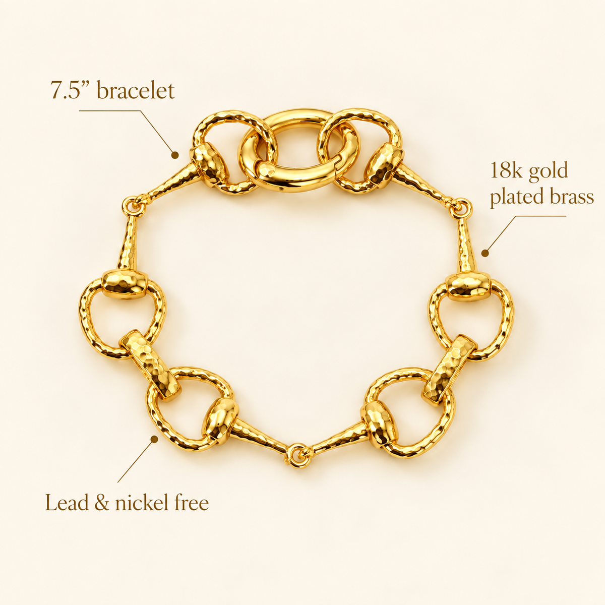 Feature image of golden equestrian horse bit link bracelet showing 7.5-inch length, 18k gold-plated brass, and lead- and nickel-free details