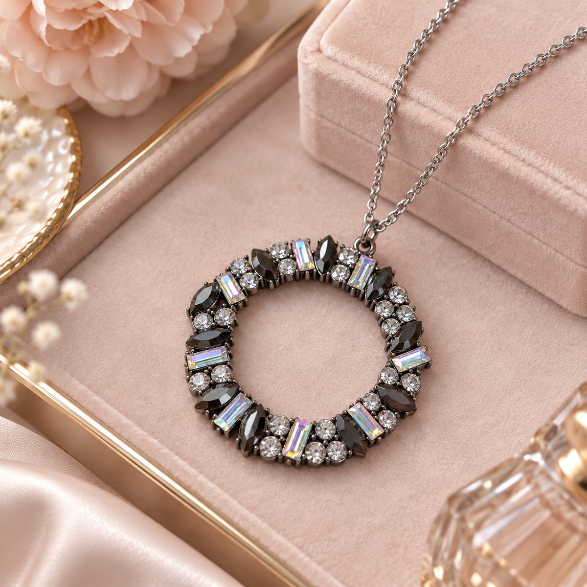 Crystal wreath pendant necklace styled on blush velvet with soft feminine vanity and gift-ready details