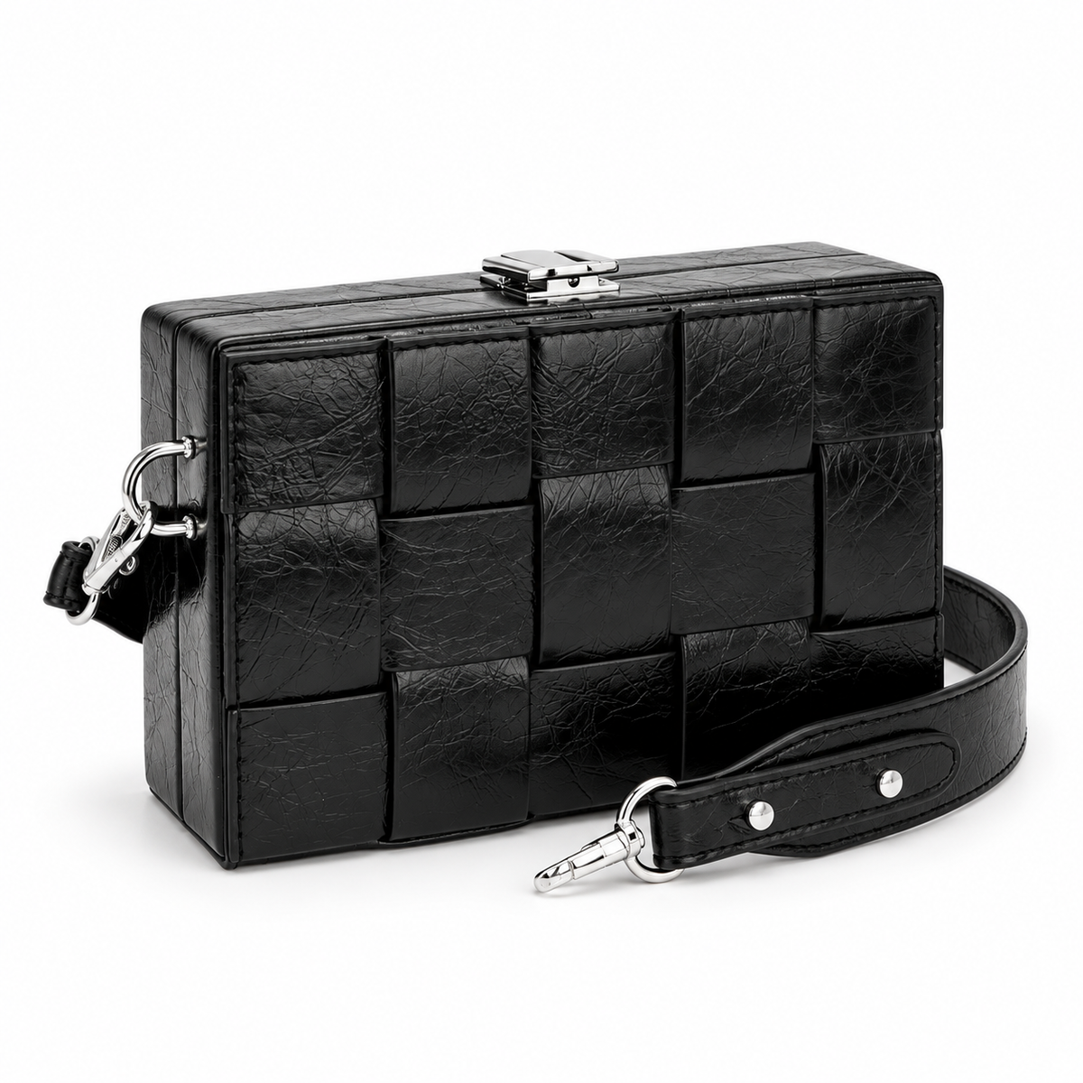 Black woven leather clutch bag with a top clasp and an adjustable shoulder strap, shown on a white background.