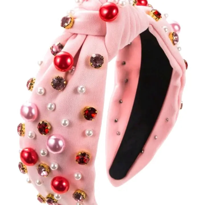 A Love Bomb Top Knot Faux Pearl and Rhinestone Headband