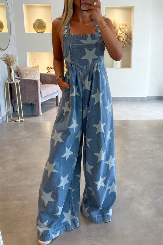 Shooting Star Buttoned Strap Pleat Wide Leg Denim Overall