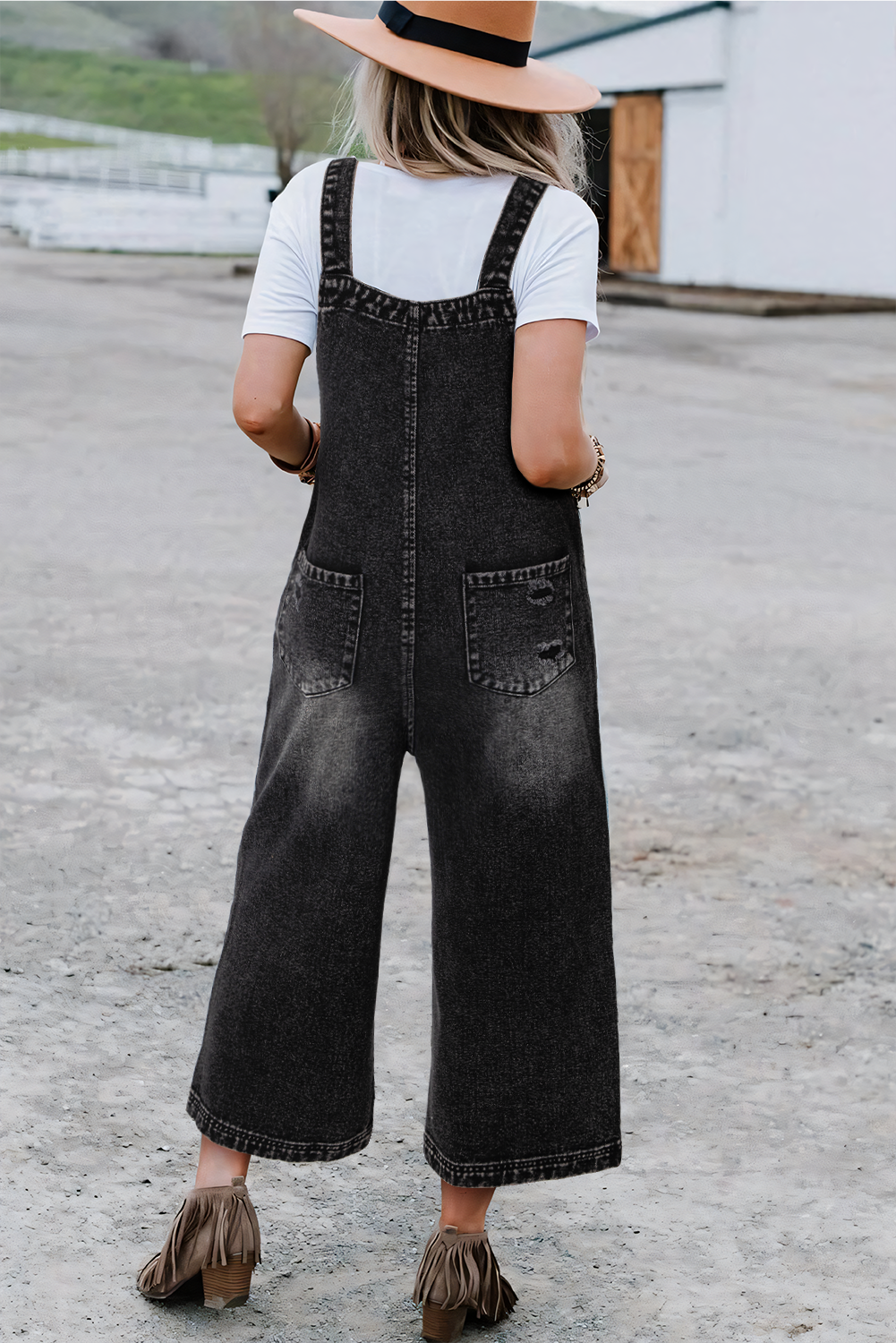 Distressed Bib Pocket Wide Leg Denim Overall