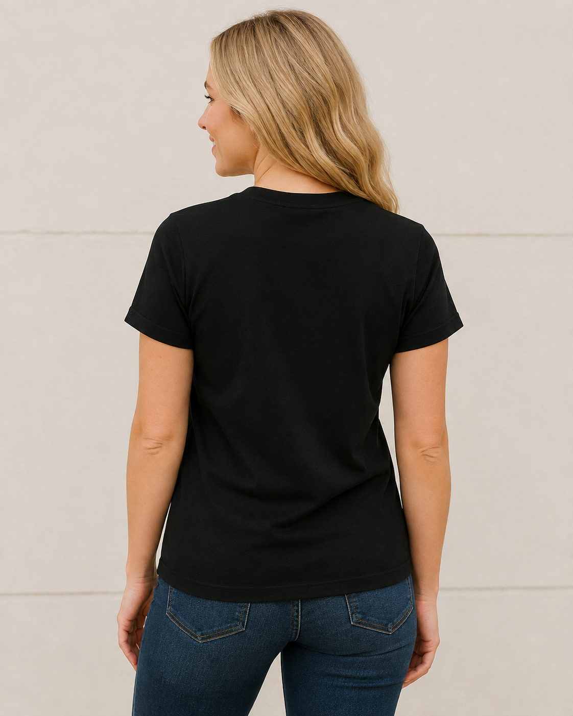 Back view of black Afterlife Coffee Club short sleeve tee on bleach blonde model Emma