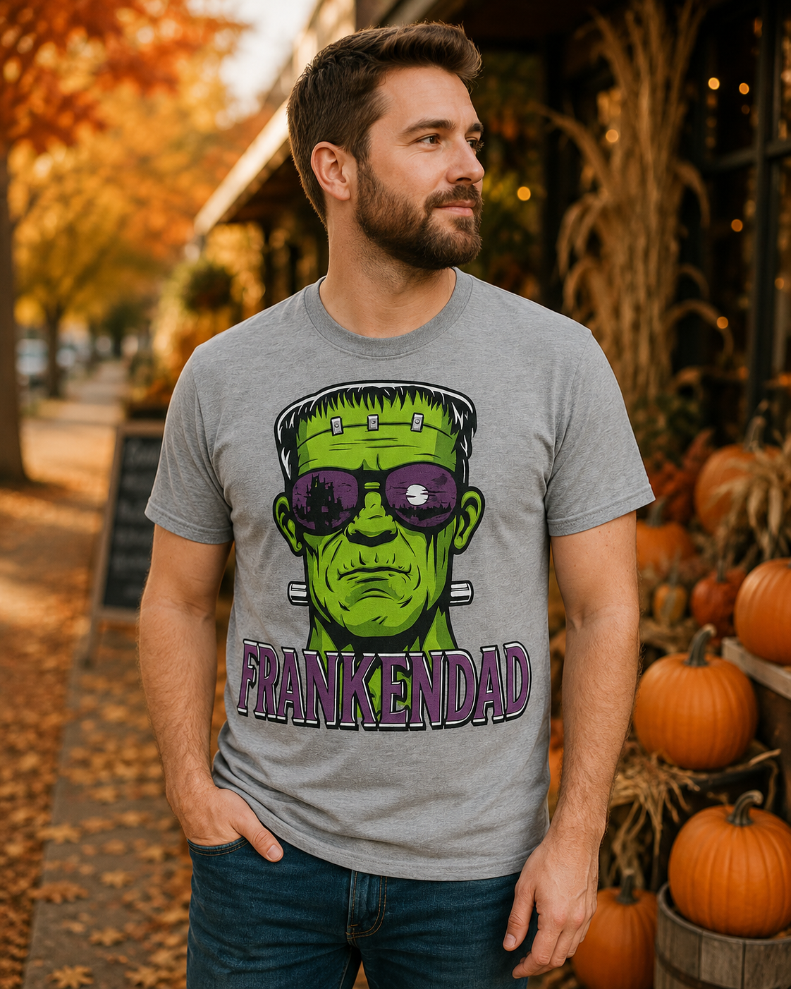Male model wearing FrankenDad gray graphic tee with jeans in an autumn pumpkin patch setting