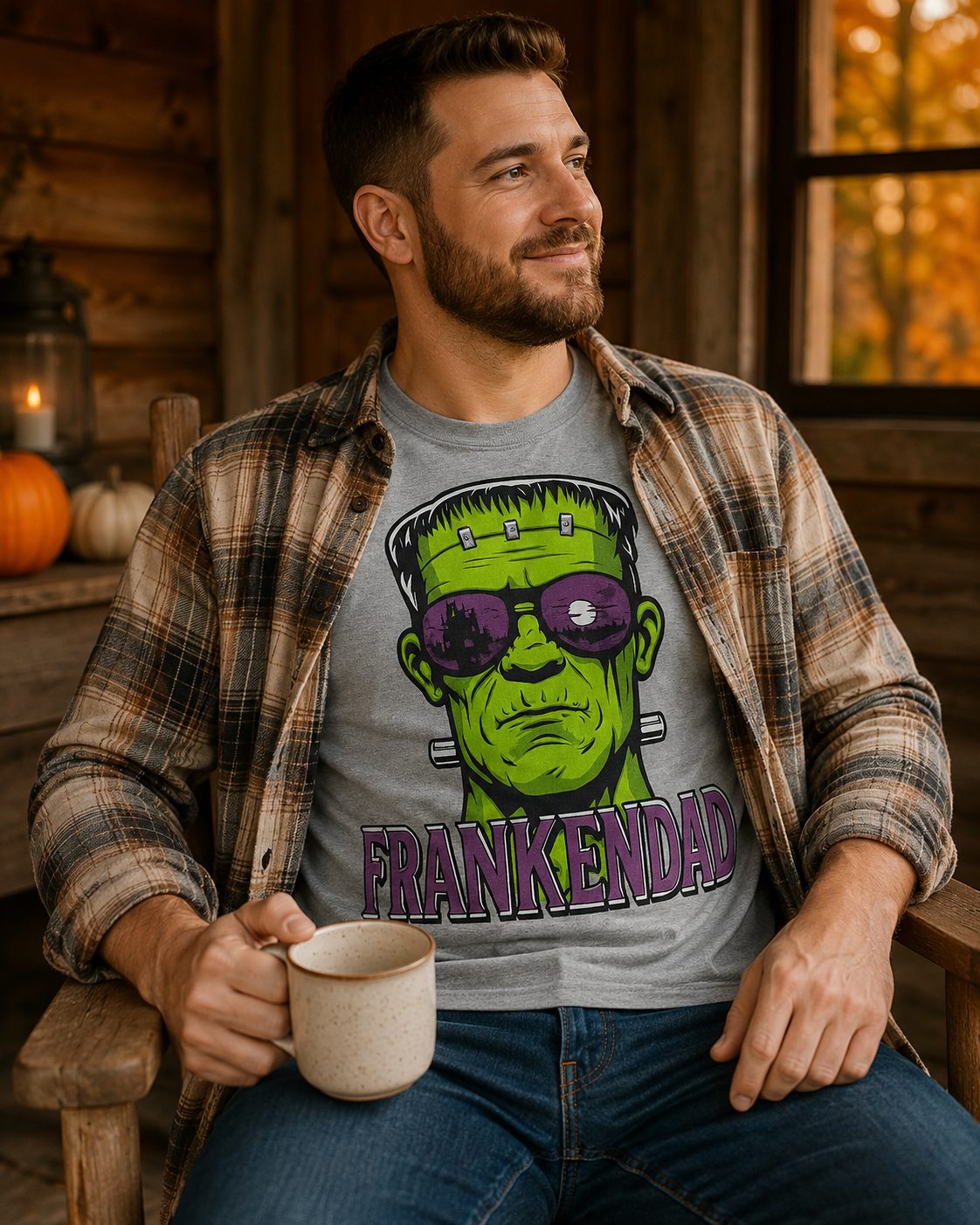 Male model wearing FrankenDad tee layered under a plaid flannel while holding a coffee mug in a cozy fall cabin