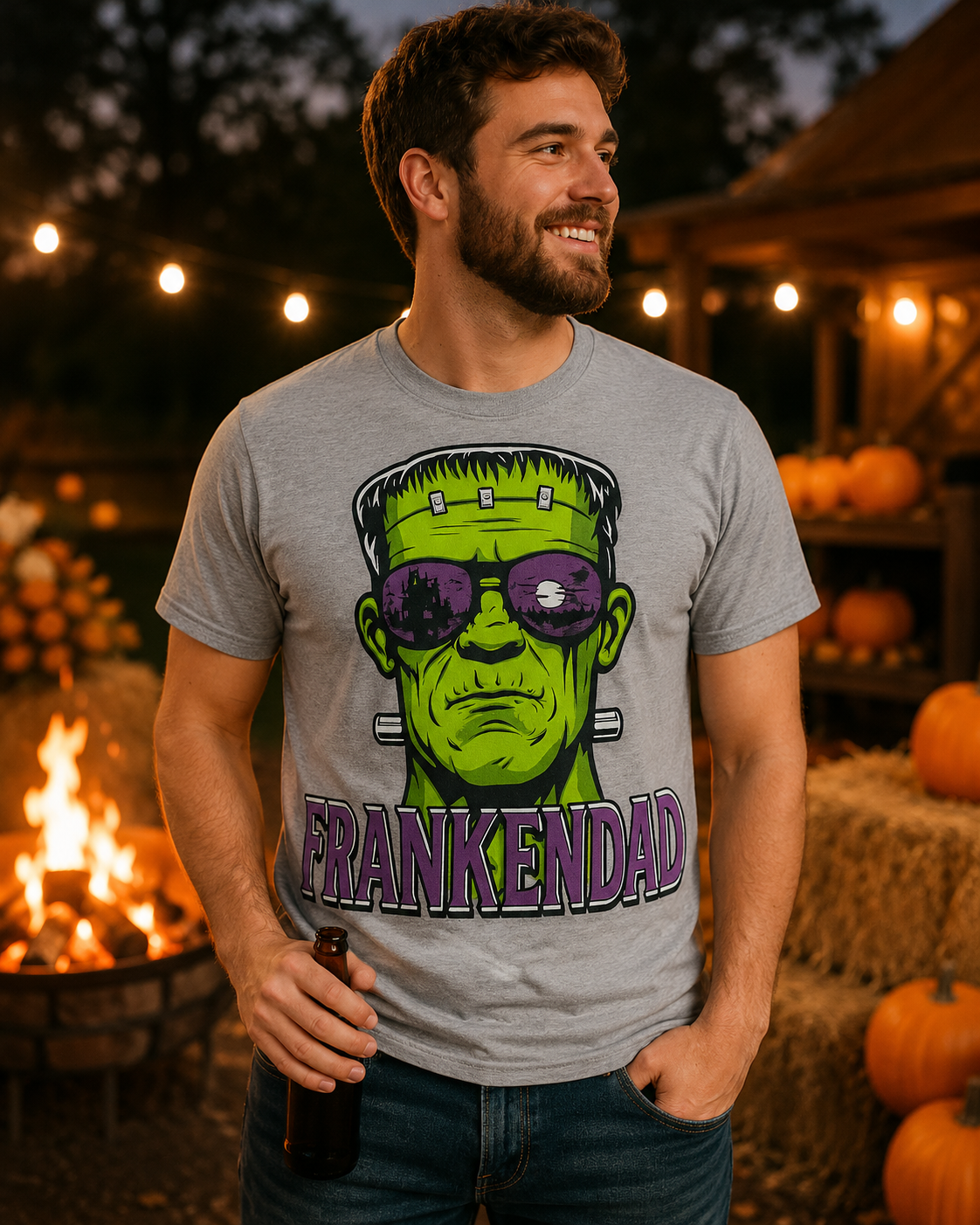 Male model wearing FrankenDad graphic tee at an evening fall gathering with pumpkins and warm string lights