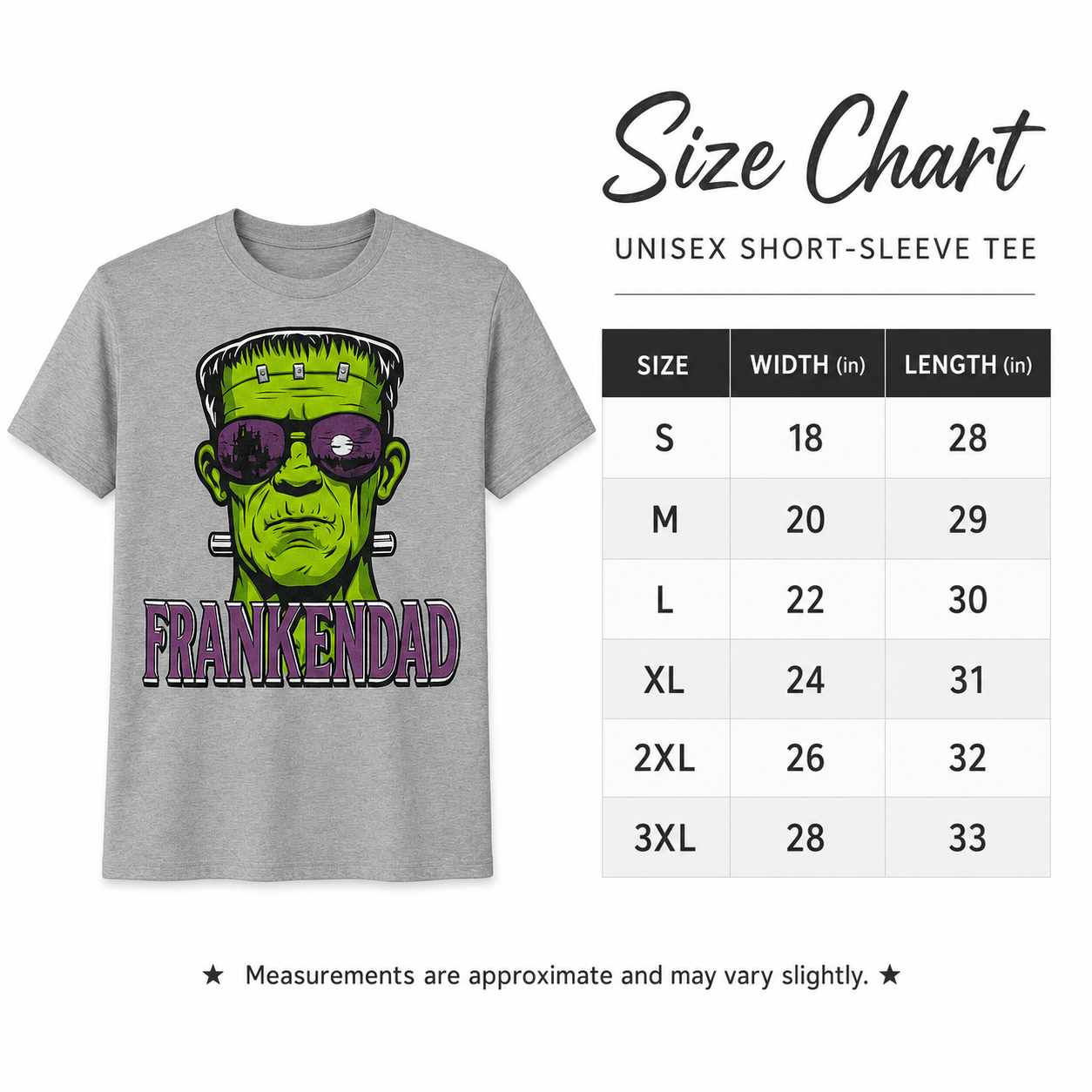 FrankenDad unisex short sleeve tee size chart showing width and length measurements from S through 3XL