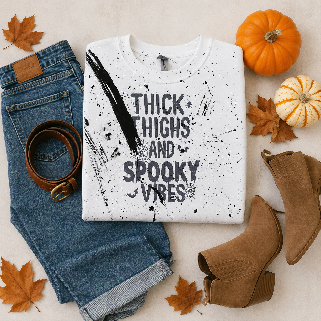 Thick Thighs & Spooky Vibes fall outfit flat lay with white sweatshirt, jeans, brown ankle boots, pumpkins and autumn leaves