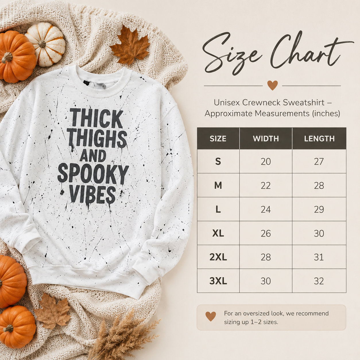 Thick Thighs & Spooky Vibes unisex crewneck sweatshirt size chart showing width and length measurements from S through 3XL
