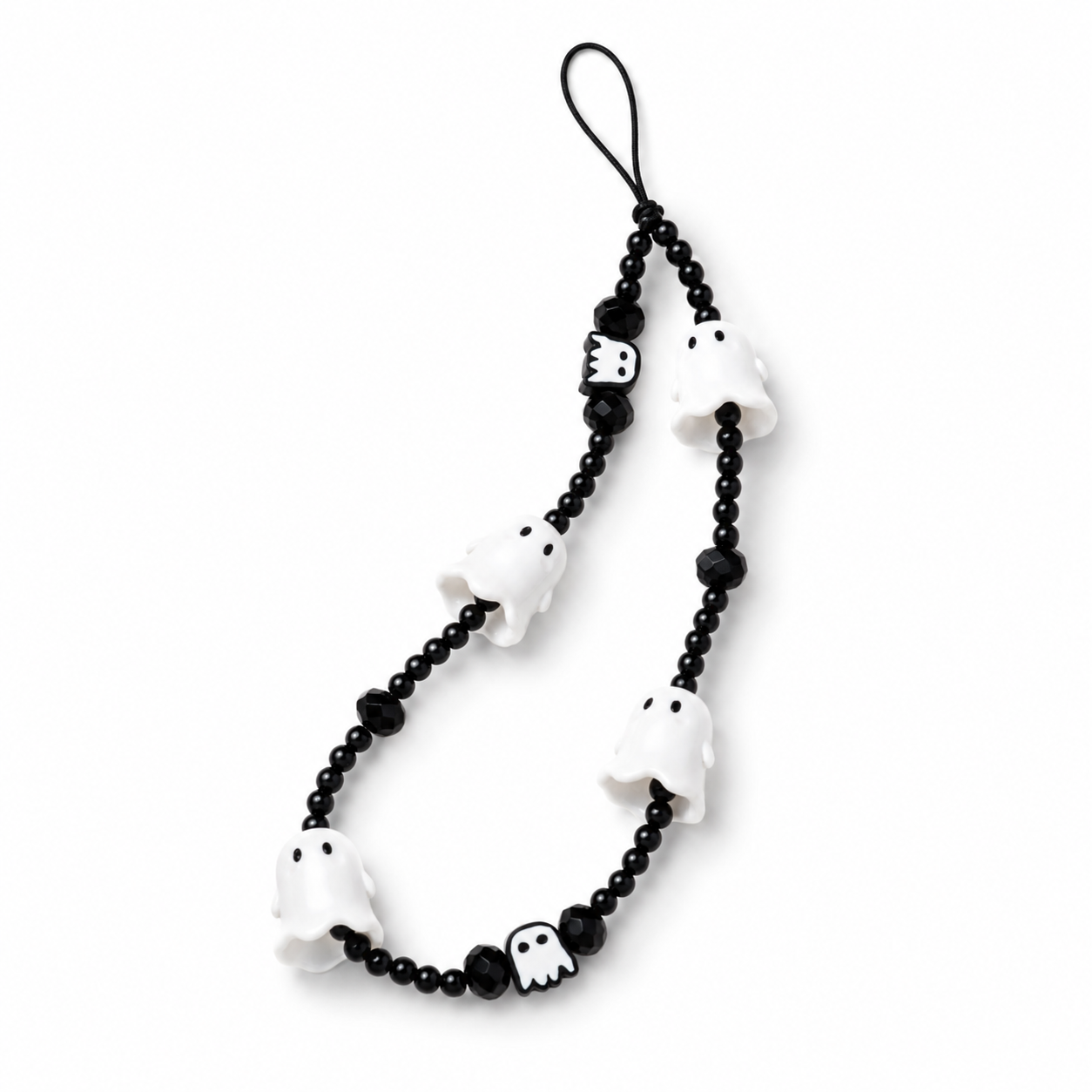 Boo Crew Ghost phone charm displayed on a clean white background showing black beads, white ghost charms and loop attachment