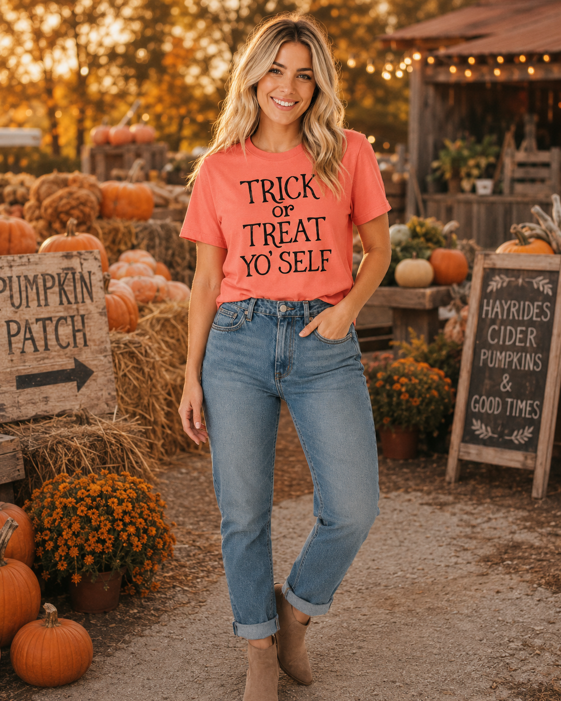 Emma wearing Trick or Treat Yo’Self tee with jeans at a golden-hour pumpkin patch