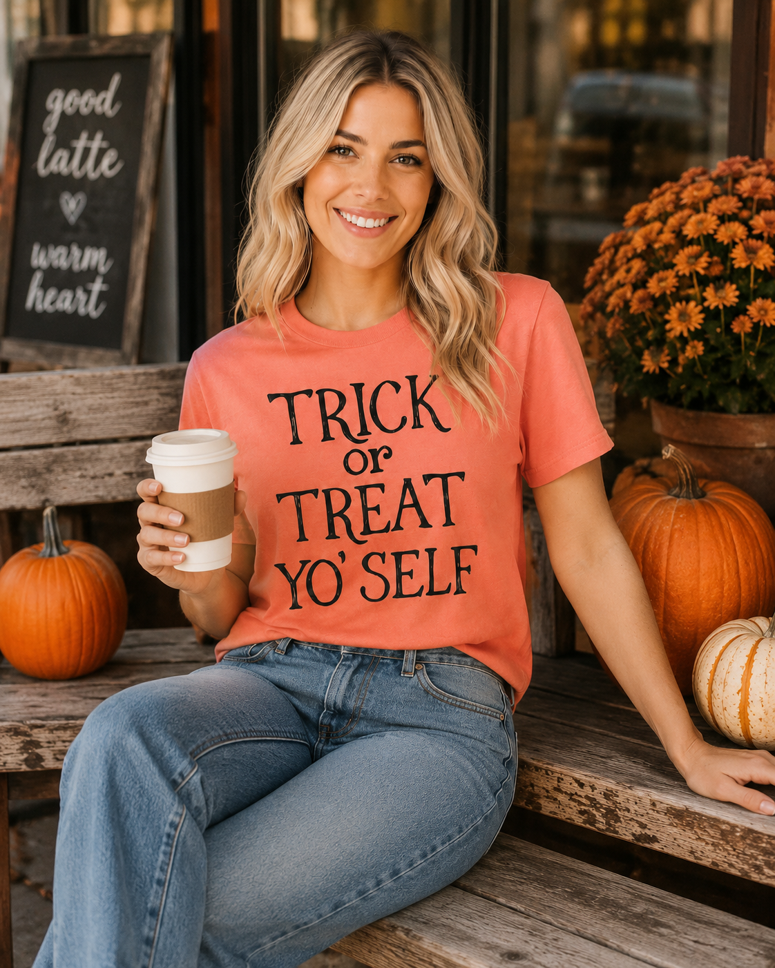 Emma wearing Trick or Treat Yo’Self graphic tee while holding a warm drink in a cozy autumn setting