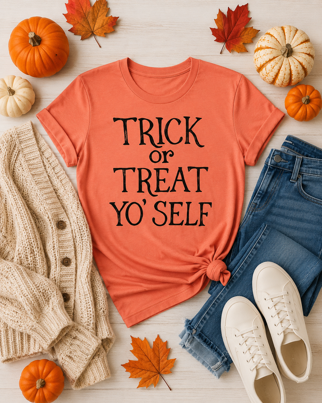Trick or Treat Yo’Self Halloween tee flat lay with pumpkins and autumn leaves on a light wood background
