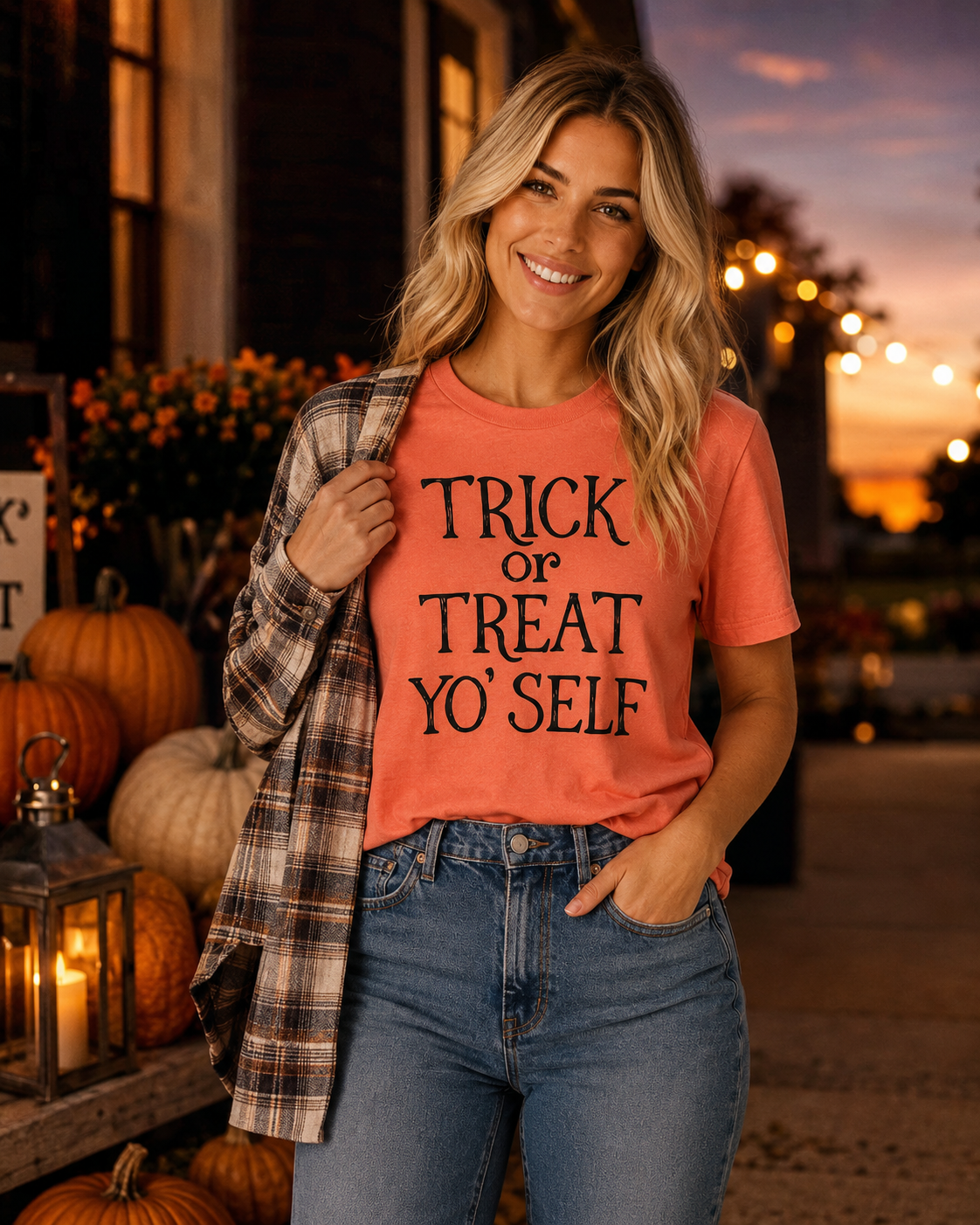 Trick or Treat Yo’Self fall outfit flat lay with coral tee, cream cardigan, jeans, ankle boots and pumpkins