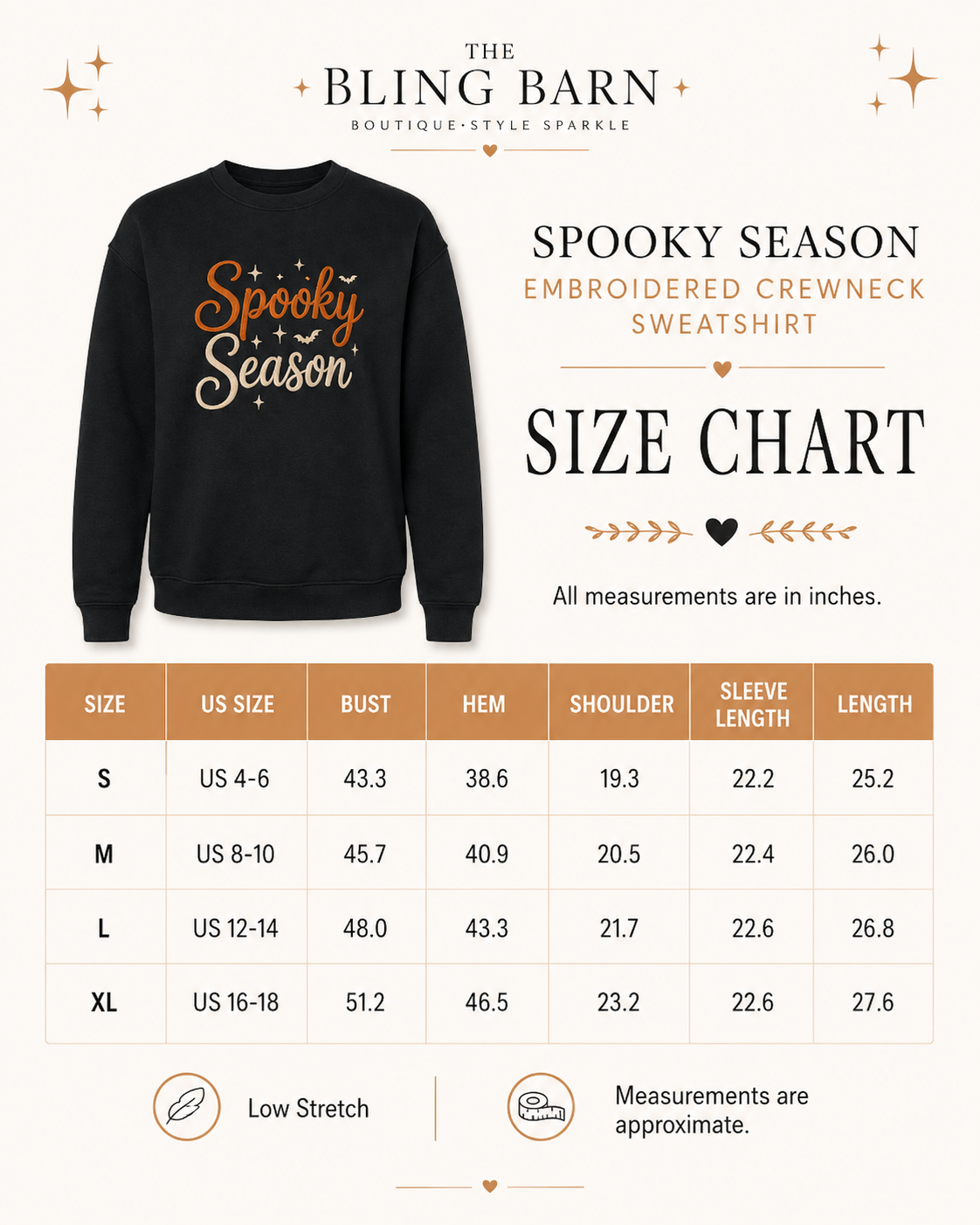 Size chart for the Spooky Season embroidered crewneck sweatshirt showing sizes S through XL, garment measurements in inches, and low stretch.