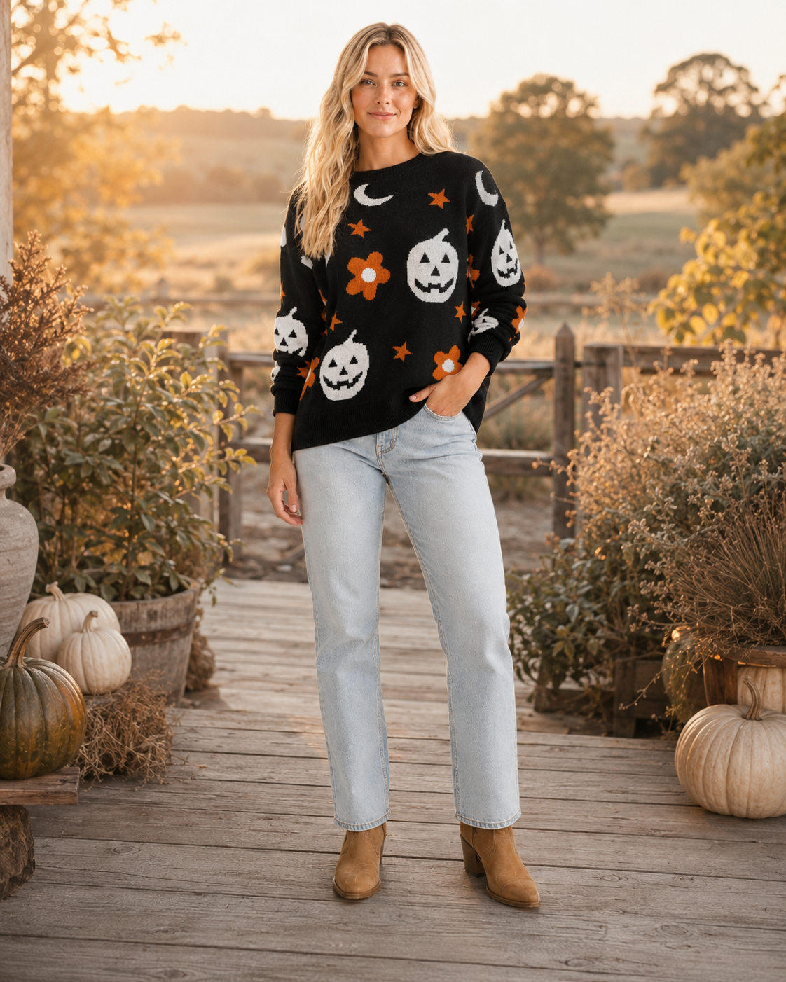 Emma wearing the black pumpkin and moon knit sweater while carrying coffee during a casual fall outing.
