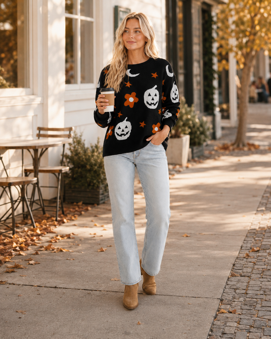 Emma styling the Moonlit Mischief Halloween sweater with light-wash denim in a warm golden-hour fall setting.