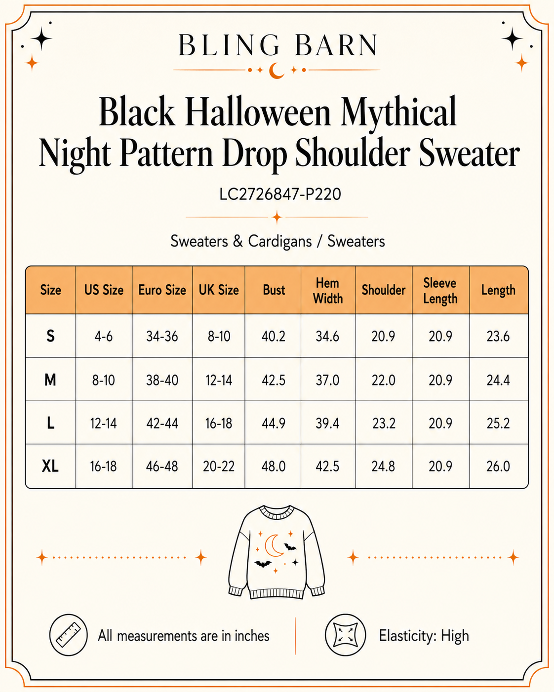 Size chart for the Moonlit Mischief Halloween Knit Sweater showing S through XL measurements in inches and high elasticity.