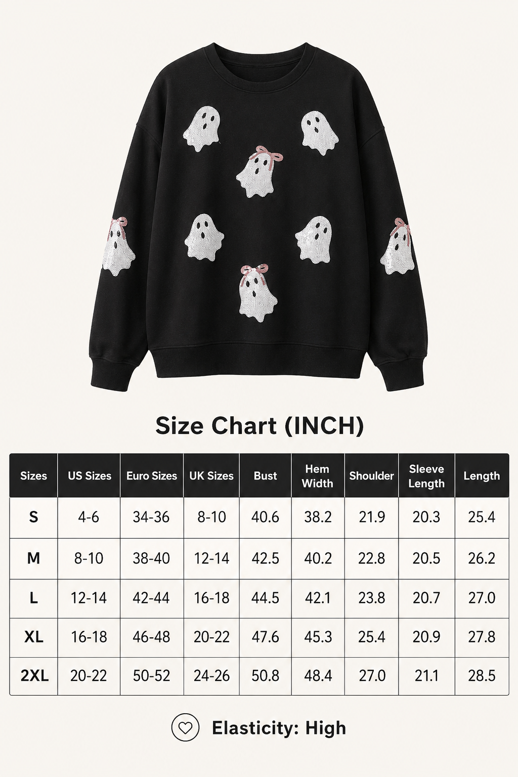 Size chart for the Boo Bow Sequin Ghost Sweatshirt showing sizes S through 2XL and garment measurements in inches.