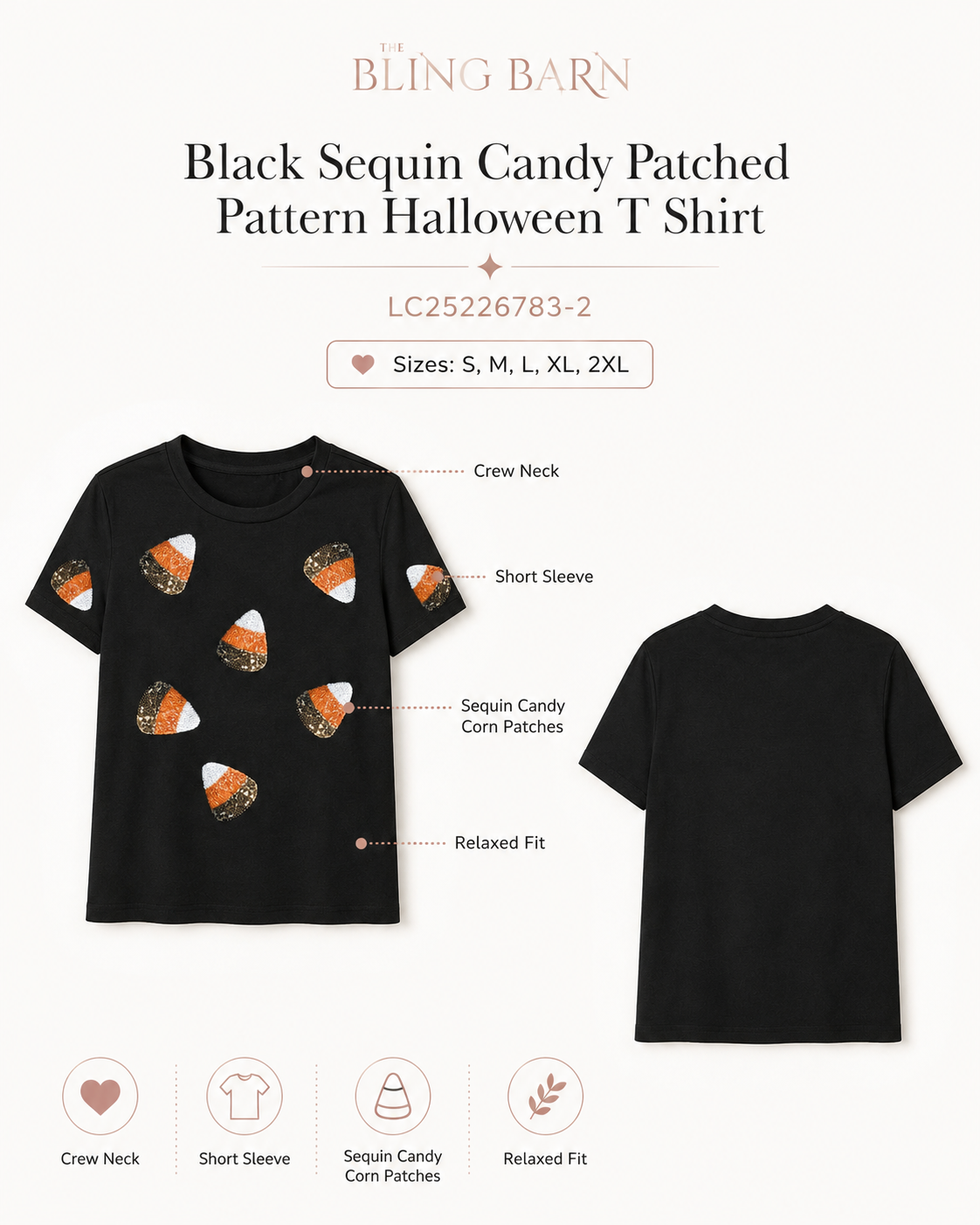 Black sequin candy corn Halloween T-shirt product graphic showing sizes S through 2XL, crew neck, short sleeves, sequin candy corn patches, and relaxed fit.
