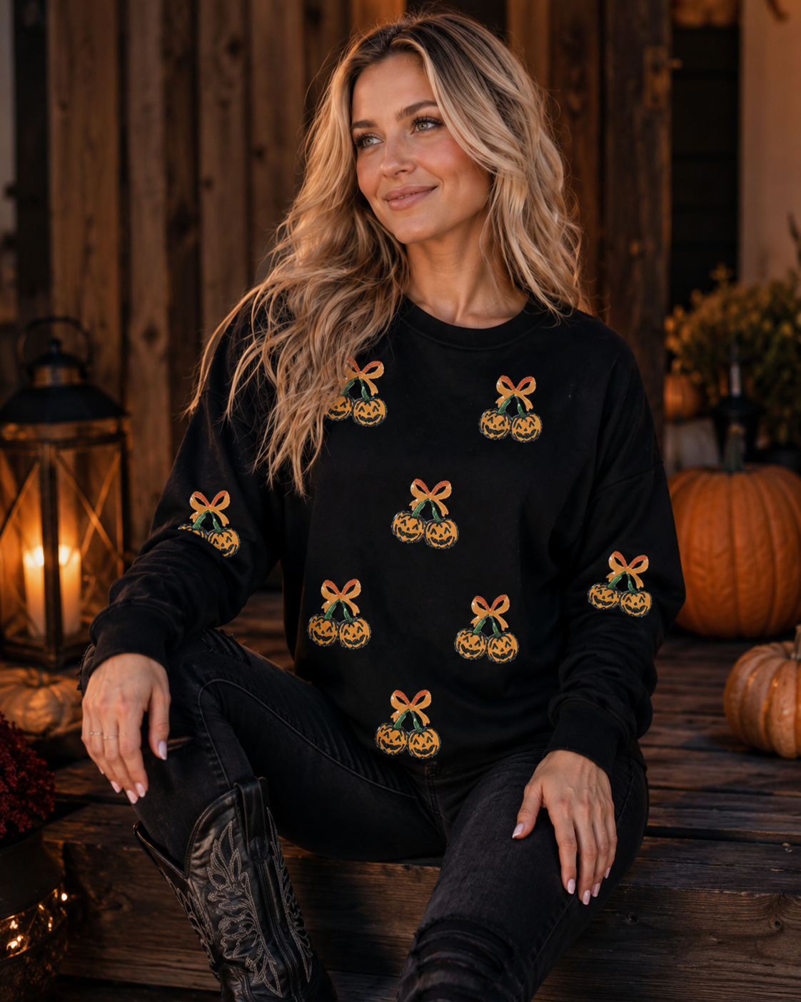 Blonde model wearing the Pumpkin Bow Sequin Sweatshirt with dark denim and black western boots on a lantern-lit fall porch.