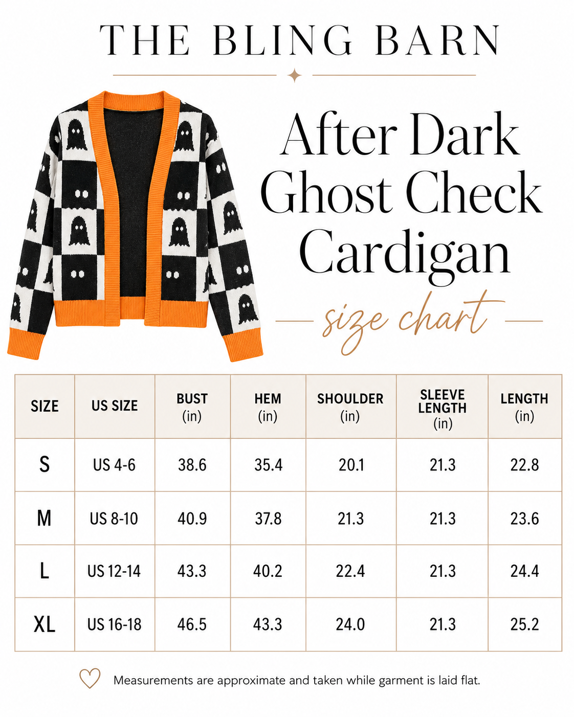 Size chart for the After Dark Ghost Check Cardigan showing S to XL measurements in inches.