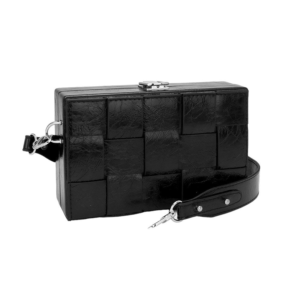 Black woven handbag with a strap on a white background