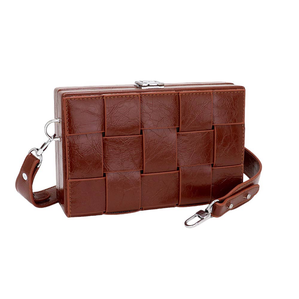 Brown woven leather handbag with a strap on a white background