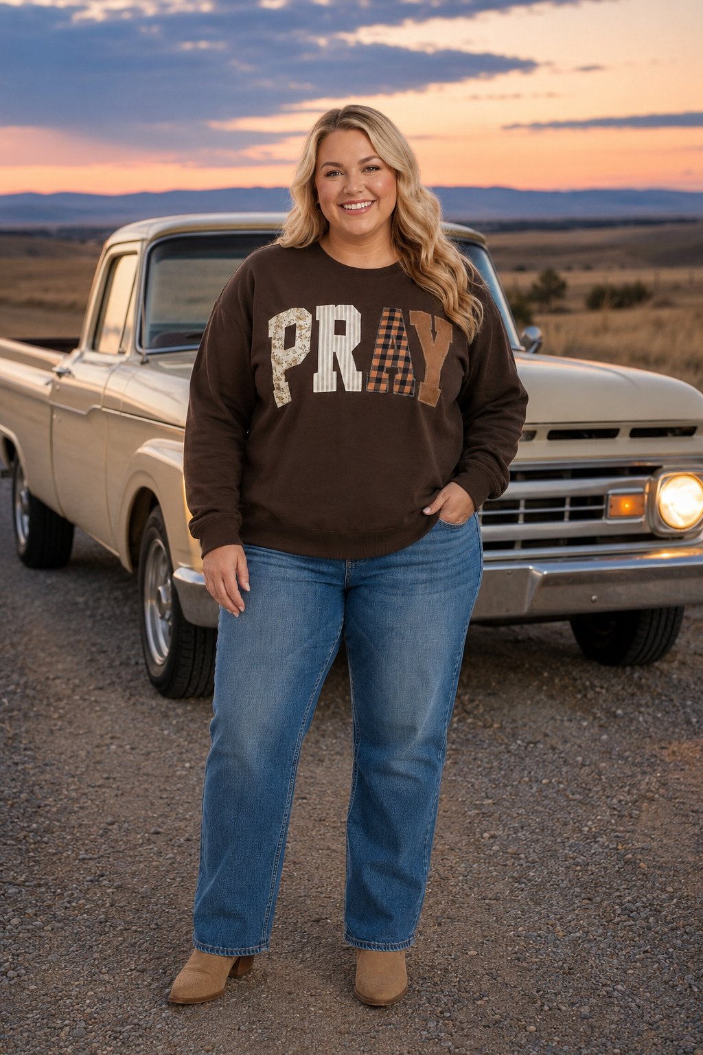 Plus-size woman wearing a coffee-brown PRAY patchwork sweatshirt beside a vintage cream pickup at prairie sunset.