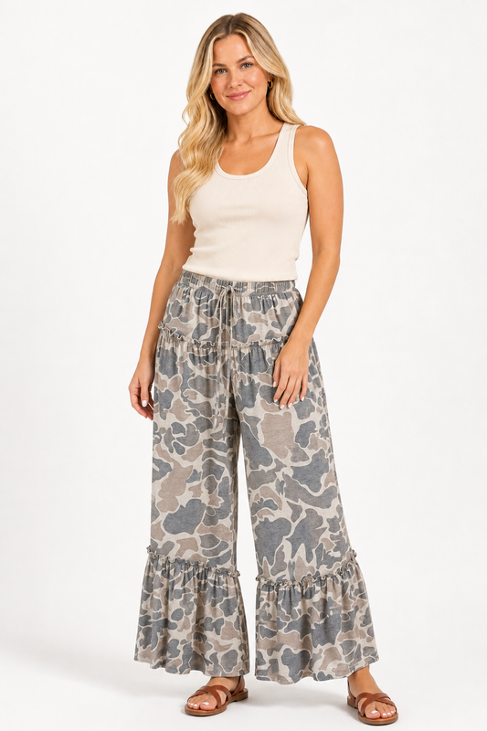 Prairie Drift Camo Ruffle Wide-Leg Pants