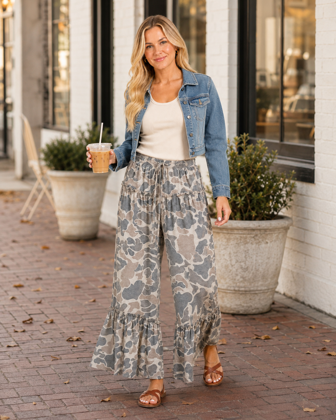 Prairie Drift Camo Ruffle Wide-Leg Pants