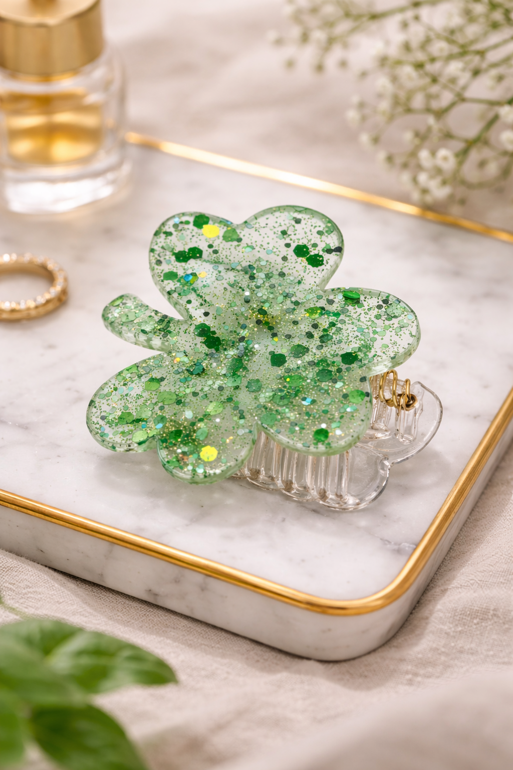 Lucky Clover Glitter Hair Claw Clip
