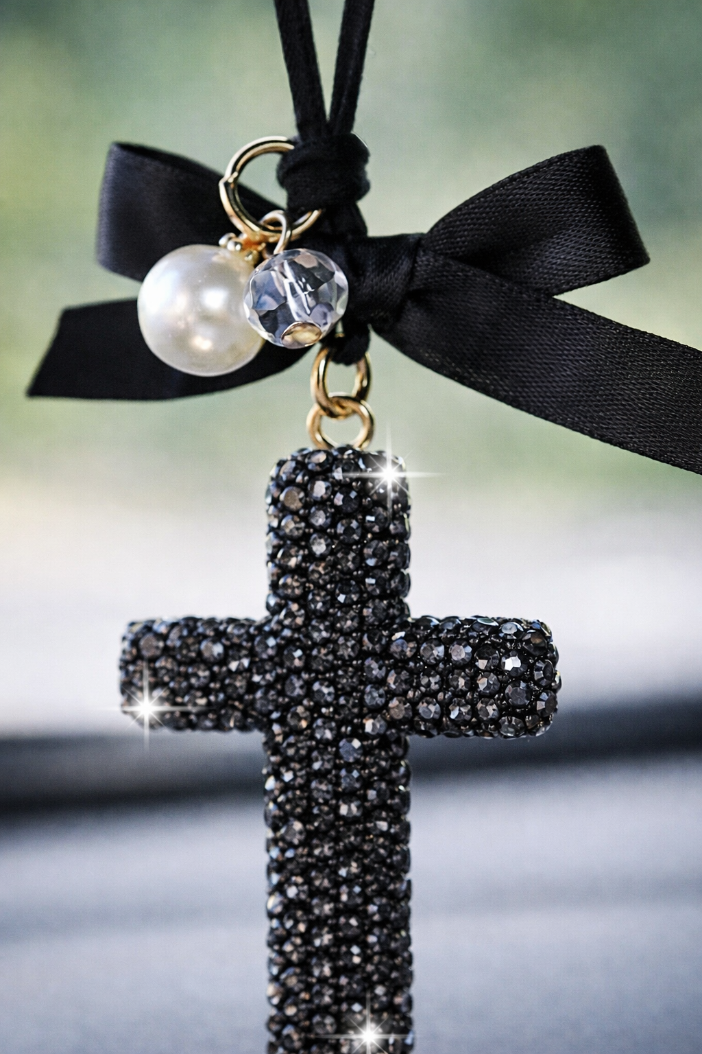 Midnight Grace Rhinestone Cross Car Charm